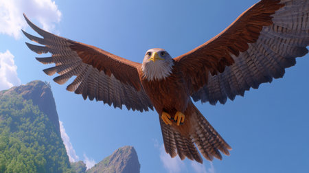 A breathtaking view of a majestic eagle soaring gracefully above stunning mountain terrain. The scene captures the essence of freedom and natural beauty.の素材