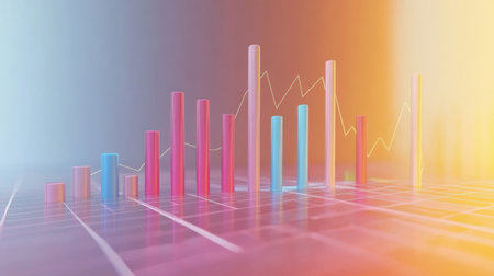 Vibrant data visualization featuring colorful bar graphs and a dynamic trend line. Perfect for presentations and showcasing analysis in business and finance.の素材