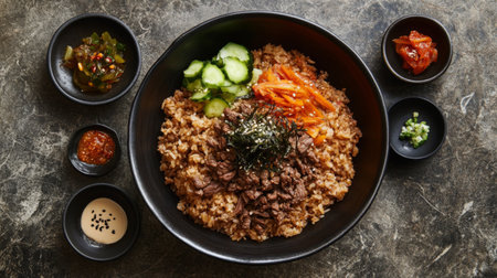 A vibrant Korean beef rice bowl featuring tender beef on a bed of rice, accompanied by fresh vegetables and tantalizing side dishes, perfect for a delightful meal.の素材