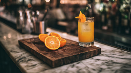 A vibrant citrus beverage displayed with fresh orange slices on a stylish marble bar counter, perfect for summer gatherings and relaxing moments.の素材