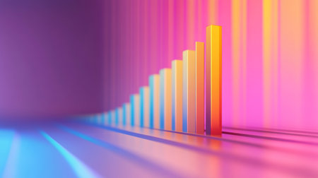 This abstract image features colorful 3D bars on a gradient background, symbolizing data growth and progression. It is ideal for business and technology themes.の素材