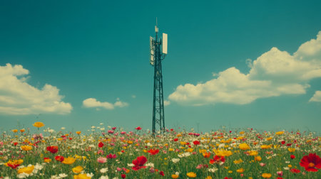 A telecommunications tower rises above a sea of colorful wildflowers under a bright blue sky. This peaceful landscape symbolizes the blend of nature and technology.の素材