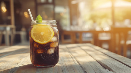 A refreshing glass of lemonade with ice and lemon slices sits on a rustic wooden table in a bright cafe setting, capturing the essence of summer joy.の素材