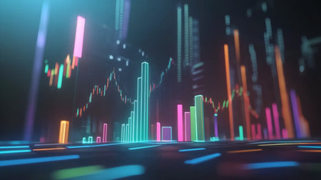 A captivating digital display of vibrant data visualization featuring neon bars and colorful lines. Ideal for technology and finance themes, showcasing trends and analysis.の素材