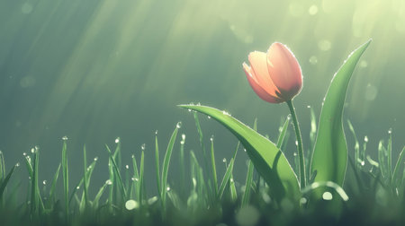 A stunning close-up of a single pink tulip amidst dew-covered grass, captured in soft green light, evoking feelings of tranquility and natural beauty.の素材
