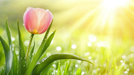 A stunning pink tulip stands tall in the morning sunlight, adorned with sparkling dew drops. The serene atmosphere captures the essence of spring and nature's beauty.の素材