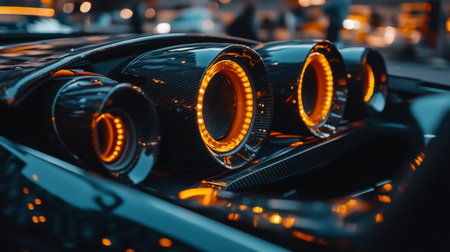 This close-up image showcases a stylish car's exhaust pipes and engine components, emphasizing modern design and performance elements. The vibrant colors and intricate details capture the essence of automotive engineering.の素材