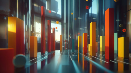 Vibrant abstract 3D bar graphs display various metrics and data visualizations. Ideal for illustrating business insights, growth trends, and technological advancements.の素材