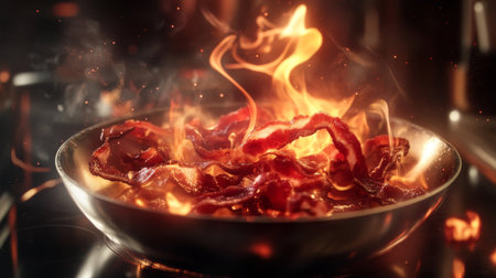 A dynamic close-up of crispy bacon sizzling in a pan, with flames and smoke creating an enticing cooking atmosphere. Ideal for food-related themes.の素材