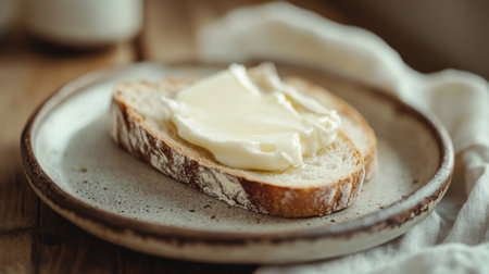 A slice of freshly baked bread topped with creamy butter, served on a rustic plate. Ideal for breakfast or as a tasty snack, capturing simplicity and comfort in a homey kitchen setting.の素材