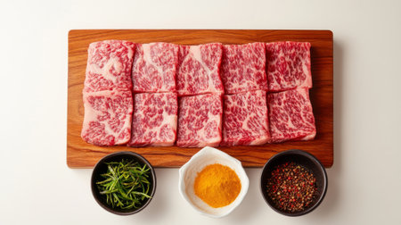 A selection of fresh marbled beef cuts arranged on a wooden board, accompanied by spices and herbs, ideal for gourmet cooking and meal preparation.の素材