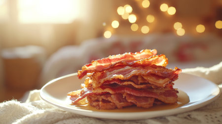 A mouthwatering stack of crispy bacon on a white plate, beautifully illuminated by warm morning light, creating a cozy and inviting breakfast scene.の素材