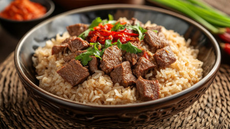 A mouthwatering bowl of tender beef served over fluffy rice, garnished with fresh herbs and spices. Ideal for food lovers and culinary enthusiasts.の素材