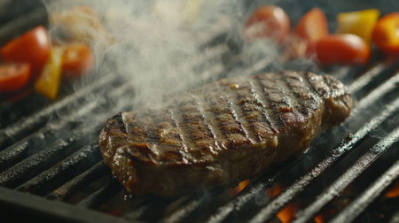 A mouthwatering grilled steak sizzles on the barbecue, surrounded by vibrant vegetables. The smoke adds flavor and excitement to outdoor cooking.の素材
