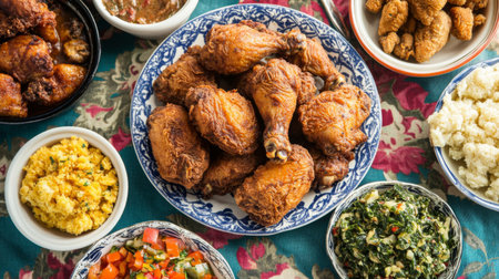 Indulge in a delicious traditional southern fried chicken meal featuring crispy drumsticks alongside a variety of colorful side dishes. Perfect for gatherings.の素材