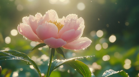 A beautiful closeup of a soft pink flower adorned with dew drops, standing gracefully in the gentle morning light, creating a serene and artistic atmosphere.の素材