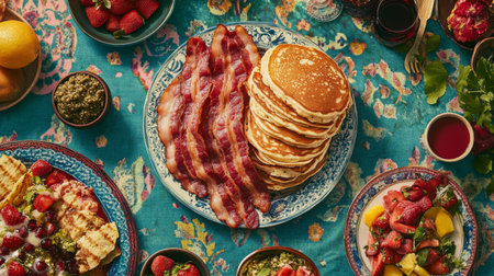 Indulge in a vibrant breakfast spread featuring fluffy pancakes, crispy bacon, and a variety of fresh fruits. A feast for the senses!の素材