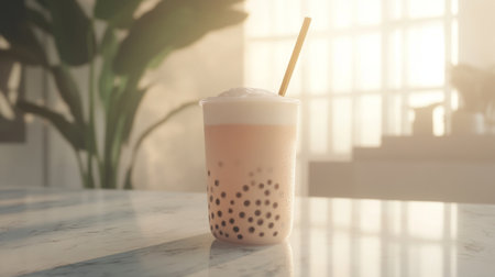 A beautifully styled bubble tea with tapioca pearls sits on a marble table. Soft sunlight streams through, creating a warm and inviting atmosphere perfect for relaxation and enjoyment.の素材