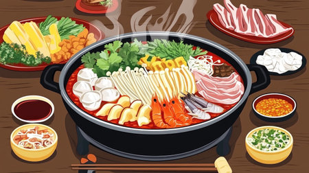 A steaming hot pot filled with vibrant vegetables, seafood, and meat, placed on a table surrounded by dipping sauces, fresh herbs, and chopsticks.の素材