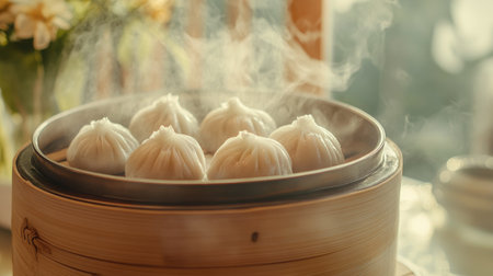 A vibrant close-up of a bamboo steamer filled with steaming  dim sum and  bao buns, showcasing their delicate textures and savory fillings.の素材