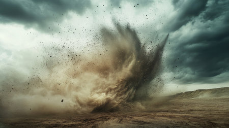 A striking photo of a tornado touching down in a flat landscape, with swirling dust and debris creating a dramatic visual against a stormy sky.の素材