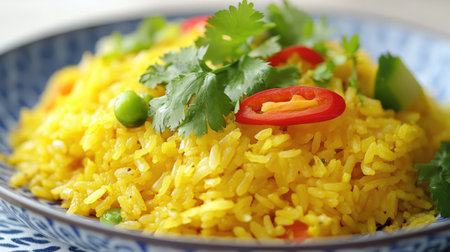A vibrant plate of curry fried rice garnished with fresh herbs and vegetables, with a focus on the golden color and rich texture of the dish.の素材