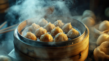 A vibrant close-up of a bamboo steamer filled with steaming  dim sum and  bao buns, showcasing their delicate textures and savory fillings.の素材