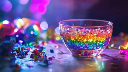 A vibrant image of a glass bowl filled with a rainbow of , placed on a table with party decorations, capturing the joyful and festive atmosphere.の素材