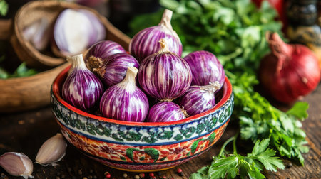 A vibrant image of whole  bulbs placed on a colorful ceramic dish, with a backdrop of fresh herbs and spices, highlighting their culinary versatility.の素材