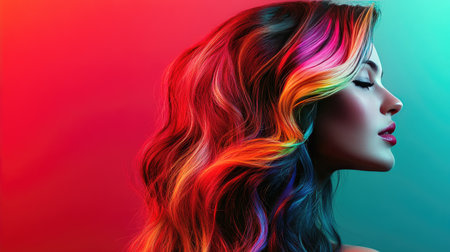 A vibrant scene of a woman with a trendy balayage hairstyle, showing a blend of natural and highlighted colors for a modern, stylish appearance.の素材