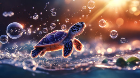 A stunning sea turtle gracefully swims through a vibrant underwater scene surrounded by shimmering bubbles and warm sunlight, evoking tranquility and beauty.の素材