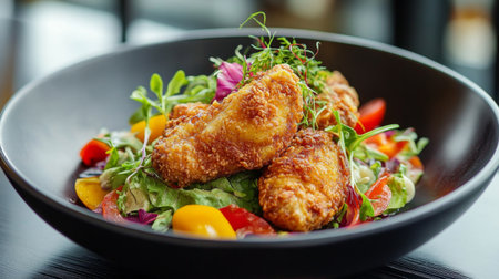 A vibrant bowl of crispy fried chicken tenders served on a bed of fresh salad featuring assorted colorful vegetables, perfect for a healthy meal.の素材