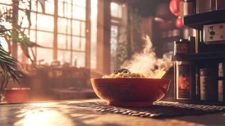 A warm bowl of steaming noodles sits invitingly in a cozy Asian restaurant, illuminated by gentle sunlight. This scene captures culinary comfort and traditional atmosphere.の素材