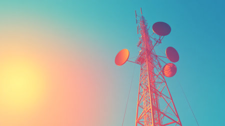 A striking view of a modern communication tower featuring multiple satellite dishes. The scene is complemented by a vibrant sky during sunset, showcasing advances in technology and connectivity.の素材
