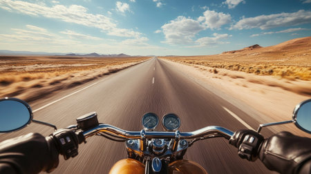 A wide-angle view of a lone motorcyclist cruising along a desert highway, with endless sand dunes and open sky stretching into the distance.の素材