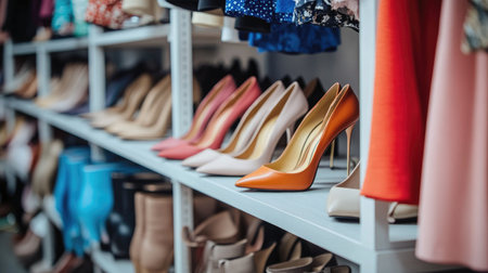 A well-organized walk-in closet with built-in shoe shelves, featuring rows of neatly arranged high heels, flats, and loafers, with stylish clothing hanging nearby.の素材