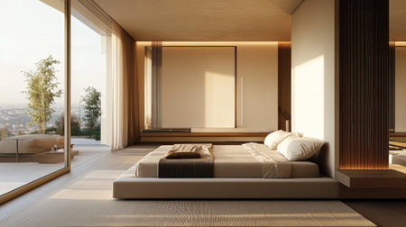 An elegant master bedroom with a minimalist aesthetic, showcasing a sleek platform bed, large windows, and neutral tones that enhance the feeling of spaciousness.の素材