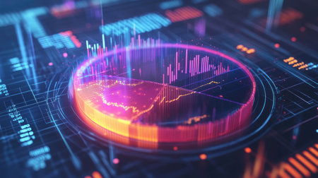 A D pie chart with segmented sections showing different financial data points, hovering in a virtual space surrounded by numbers and data lines.の素材