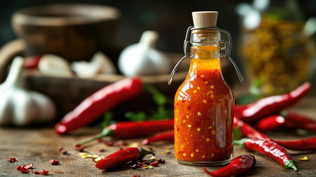 An artistic shot of a bottle of artisanal hot sauce with fresh chili peppers and garlic in the background, emphasizing the bold flavors and craftsmanship of specialty sauces.の素材