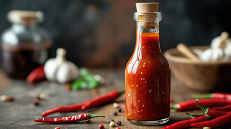 An artistic shot of a bottle of artisanal hot sauce with fresh chili peppers and garlic in the background, emphasizing the bold flavors and craftsmanship of specialty sauces.の素材