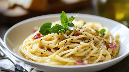 An elegant bowl of spaghetti carbonara, featuring creamy sauce, crispy pancetta, and a sprinkle of black pepper, illustrating the indulgence of Italian cuisine.の素材