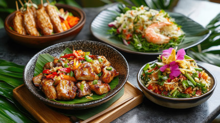 A beautifully arranged meal featuring  paired with a refreshing Thai salad, illustrating the balance of flavors and textures in Thai cuisine.の素材