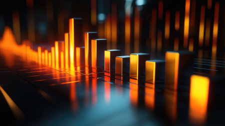 A D bar chart with metallic bars increasing steadily, set against a dark background, illustrating financial growth and economic trends.の素材