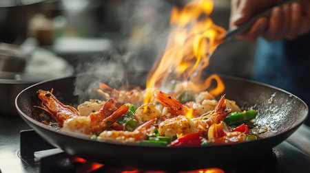 An engaging scene of a chef skillfully searing seafood in a hot pan, with vibrant vegetables sizzling alongside, illustrating the art of creating exquisite dishes.の素材