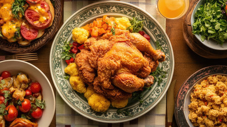 An elegant table setting featuring a centerpiece of fried chicken served on a stylish plate, accompanied by a refreshing drink and colorful side dishes for a festive meal.の素材