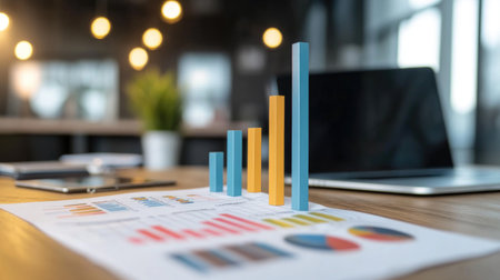 A D bar chart on a sleek office desk, with financial reports and a laptop in the background, symbolizing professional data analysis in business settings.の素材