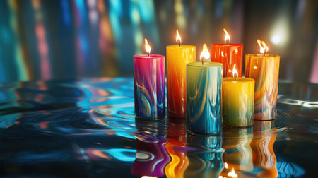 An artistic shot of colorful candles arranged in a decorative centerpiece, casting vibrant reflections on a table, perfect for celebrations and festive occasions.の素材