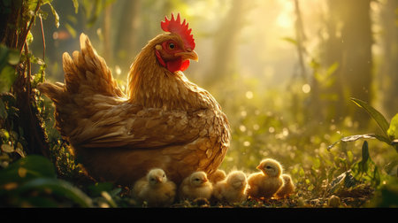 A candid moment of a mother hen protecting her chicks from the sun under her wings, showcasing the warmth and care of a nurturing parent.の素材