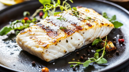 A beautifully styled dish of grilled fish topped with a sprinkle of flaky sea salt and fresh herbs, showcasing the art of seasoning in gourmet cooking.の素材