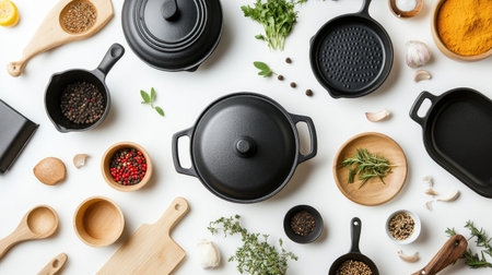 A charming flat lay of various cooking pots in different sizes and materials, alongside herbs and spices, highlighting the diversity of kitchen tools for chefs.の素材